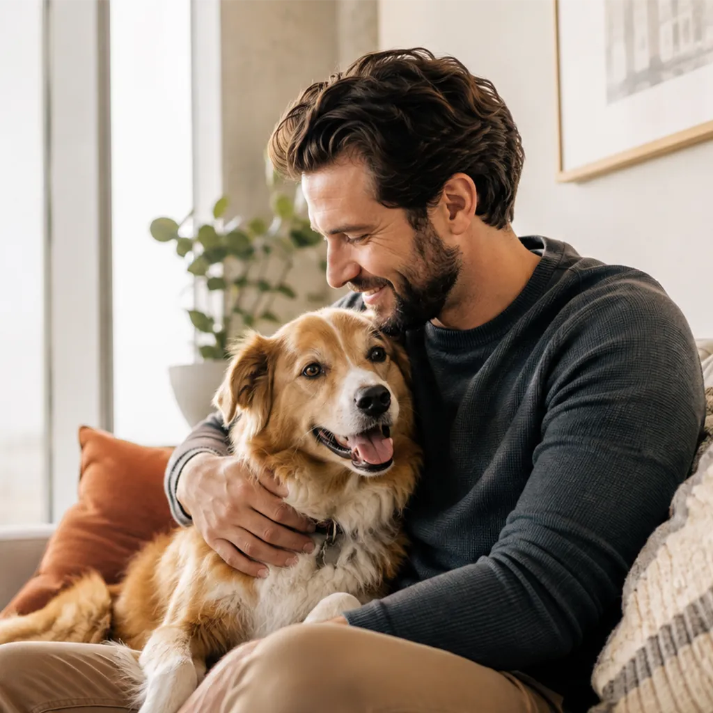 Person at home with their emotional support dog